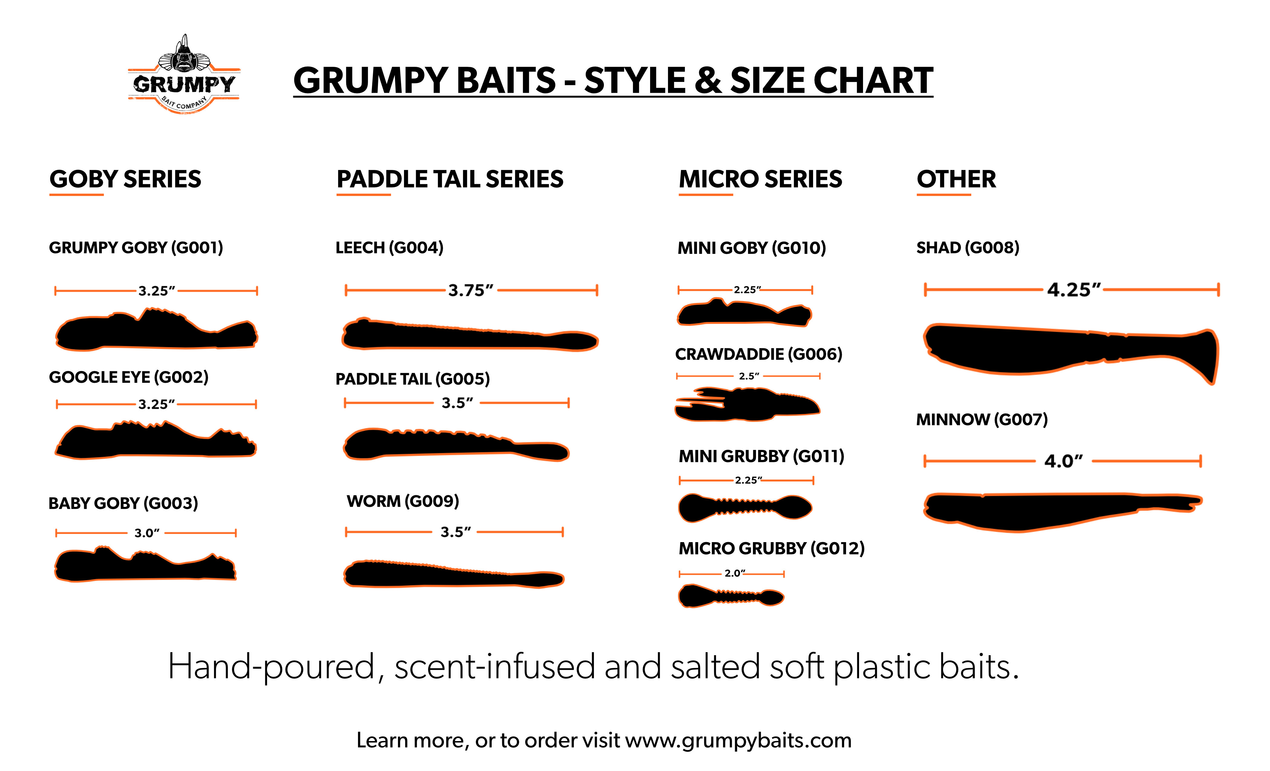 Grumpy Baits - Style and Size Chart